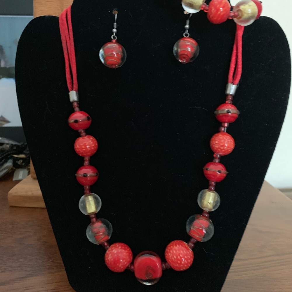 Red glass necklace, earring and bracelet set